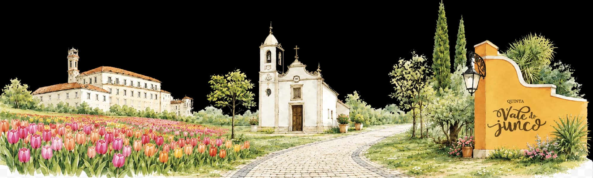 Aguarela com o palácio e as tulipas, a Igreja e a Quinta Vale do Junco